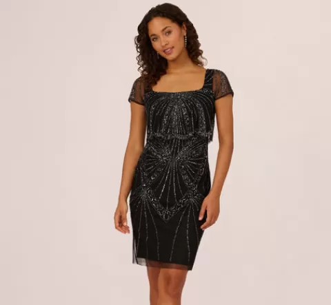 Adrianna Papell Beaded Popover Dress With Sheer Cap Sleeves In Black Gunmetal BLACK-GUNMETAL Sale