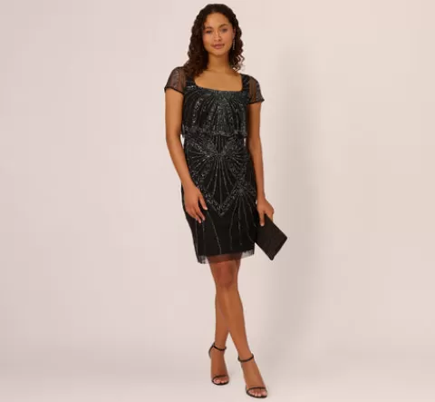 Adrianna Papell Beaded Popover Dress With Sheer Cap Sleeves In Black Gunmetal BLACK-GUNMETAL Sale
