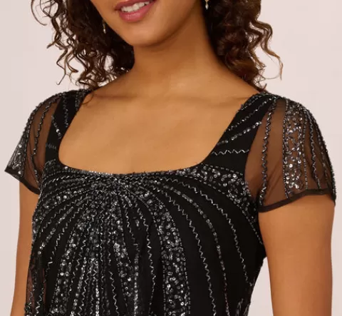 Adrianna Papell Beaded Popover Dress With Sheer Cap Sleeves In Black Gunmetal BLACK-GUNMETAL Sale