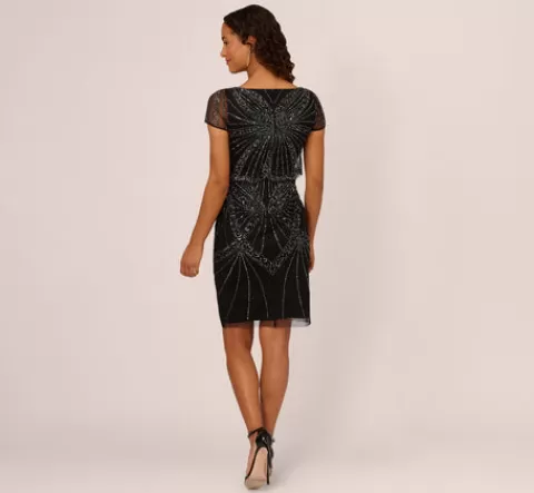 Adrianna Papell Beaded Popover Dress With Sheer Cap Sleeves In Black Gunmetal BLACK-GUNMETAL Sale