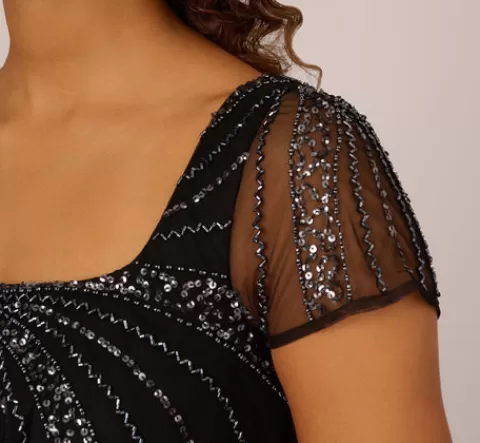 Adrianna Papell Beaded Popover Dress With Sheer Cap Sleeves In Black Gunmetal BLACK-GUNMETAL Sale