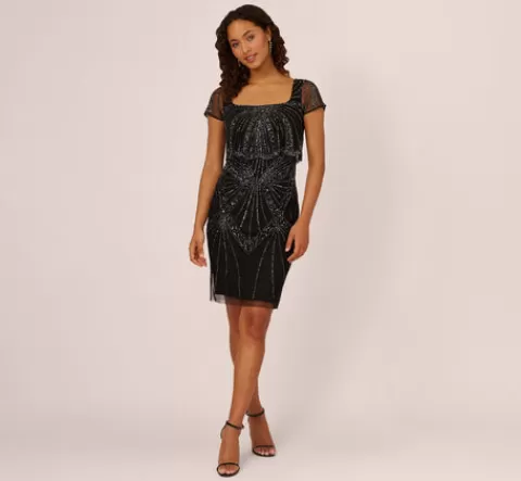 Adrianna Papell Beaded Popover Dress With Sheer Cap Sleeves In Black Gunmetal BLACK-GUNMETAL Sale