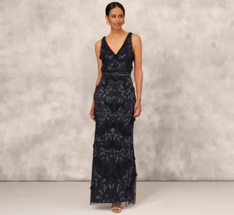 Adrianna Papell Beaded Ruffle Sleeveless Gown With V-Neck And Back In TWILIGHT Clearance