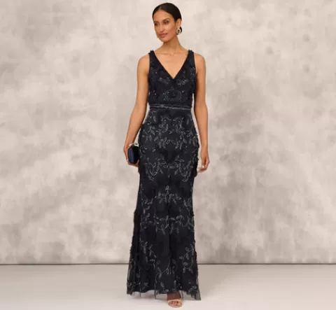 Adrianna Papell Beaded Ruffle Sleeveless Gown With V-Neck And Back In TWILIGHT Clearance