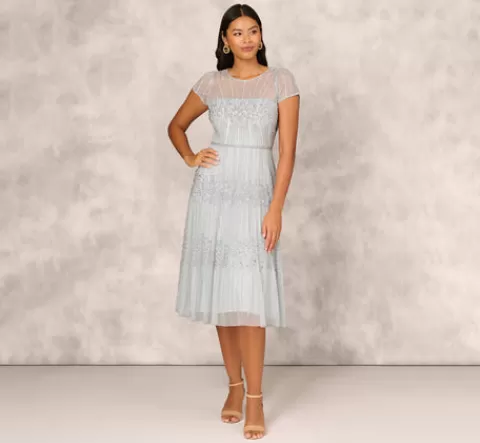 Adrianna Papell Beaded Short Sleeve Midi Dress With Sheer Details In Snow Globe SNOWGLOBE Store