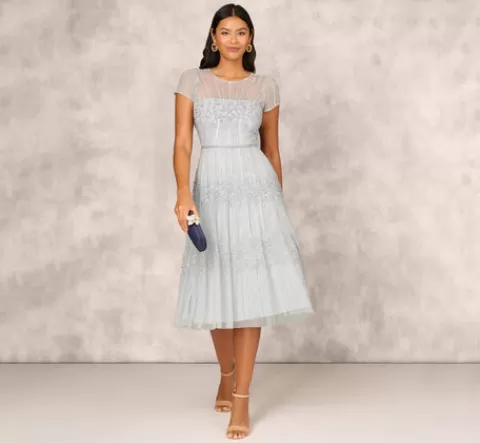 Adrianna Papell Beaded Short Sleeve Midi Dress With Sheer Details In Snow Globe SNOWGLOBE Store