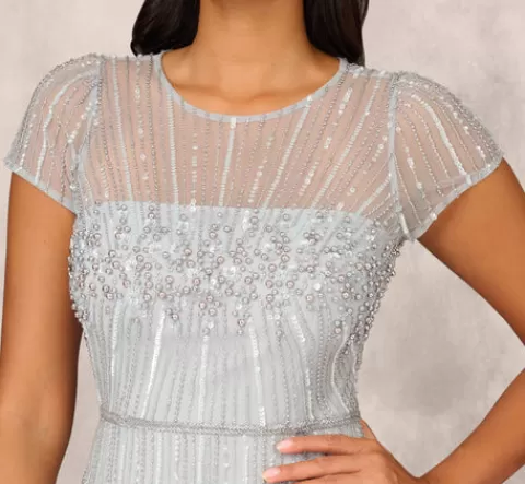 Adrianna Papell Beaded Short Sleeve Midi Dress With Sheer Details In Snow Globe SNOWGLOBE Store