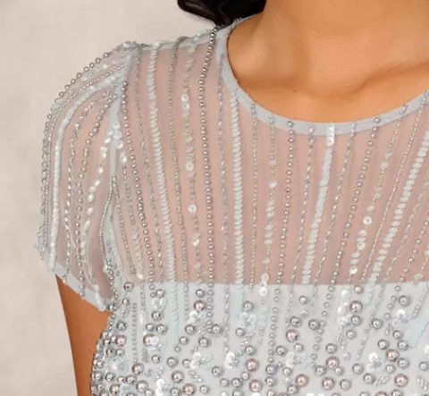 Adrianna Papell Beaded Short Sleeve Midi Dress With Sheer Details In Snow Globe SNOWGLOBE Store