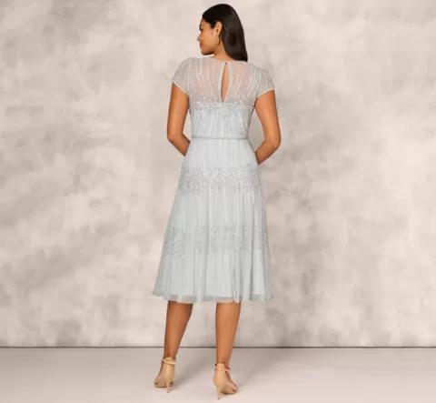 Adrianna Papell Beaded Short Sleeve Midi Dress With Sheer Details In Snow Globe SNOWGLOBE Store