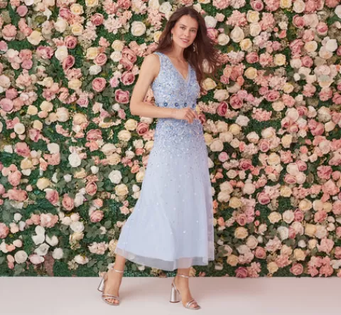 Adrianna Papell Beaded Sleeveless Ankle Length Gown With V Back In Elegant Sky ELEGANTSKY Clearance