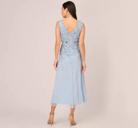Adrianna Papell Beaded Sleeveless Ankle Length Gown With V Back In Elegant Sky ELEGANTSKY Clearance