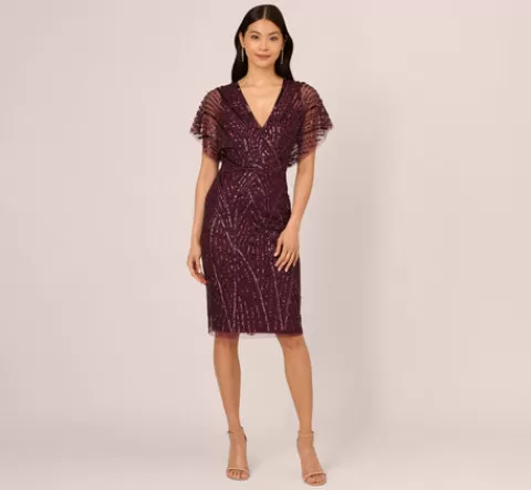 Adrianna Papell Beaded Surplice Midi Dress With Dolman Sleeves In Deep Amethyst DEEPAMETHYST Cheap