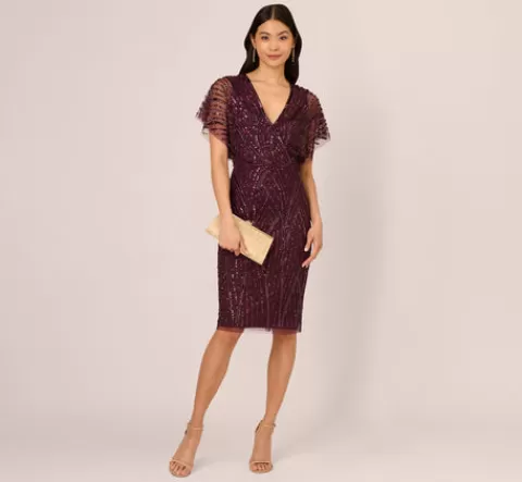 Adrianna Papell Beaded Surplice Midi Dress With Dolman Sleeves In Deep Amethyst DEEPAMETHYST Cheap