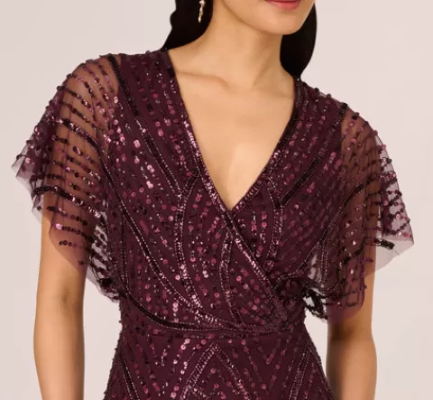 Adrianna Papell Beaded Surplice Midi Dress With Dolman Sleeves In Deep Amethyst DEEPAMETHYST Cheap
