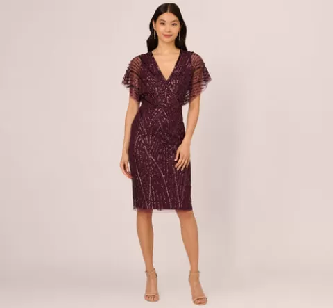 Adrianna Papell Beaded Surplice Midi Dress With Dolman Sleeves In Deep Amethyst DEEPAMETHYST Cheap