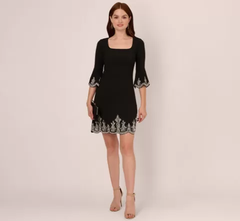 Adrianna Papell Beaded Three Quarter Sleeve Crepe Dress With Scallop Edges In BLACK Best Sale