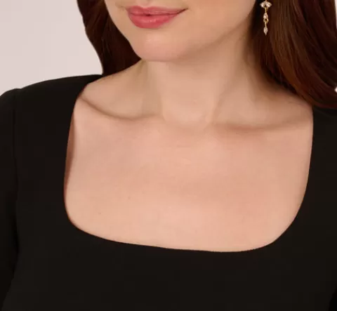 Adrianna Papell Beaded Three Quarter Sleeve Crepe Dress With Scallop Edges In BLACK Best Sale