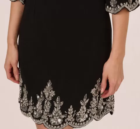 Adrianna Papell Beaded Three Quarter Sleeve Crepe Dress With Scallop Edges In BLACK Best Sale