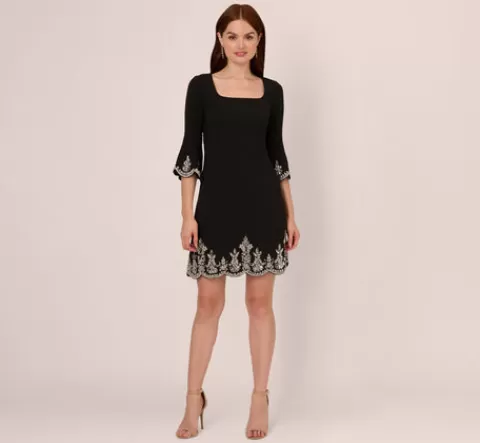 Adrianna Papell Beaded Three Quarter Sleeve Crepe Dress With Scallop Edges In BLACK Best Sale