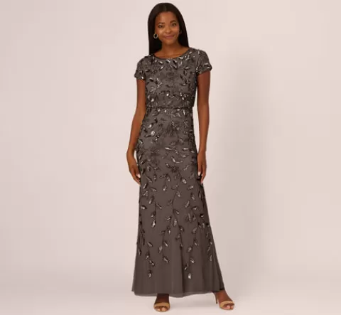 Adrianna Papell Blouson Short Sleeve Beaded Long Dress In LEAD Cheap