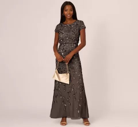 Adrianna Papell Blouson Short Sleeve Beaded Long Dress In LEAD Cheap