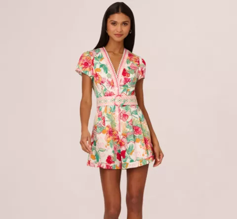Adrianna Papell Bright Floral Print Button Up Romper With Belted Waist In Pink-Green Multi PINK-GREENMULTI Hot