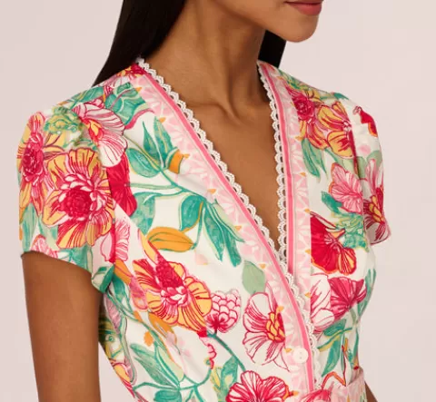 Adrianna Papell Bright Floral Print Button Up Romper With Belted Waist In Pink-Green Multi PINK-GREENMULTI Hot