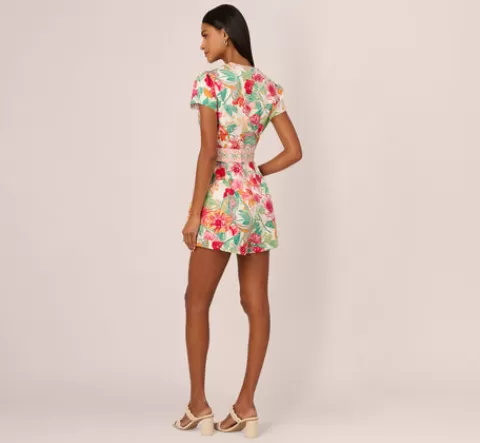 Adrianna Papell Bright Floral Print Button Up Romper With Belted Waist In Pink-Green Multi PINK-GREENMULTI Hot