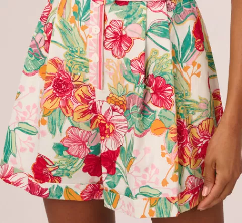 Adrianna Papell Bright Floral Print Button Up Romper With Belted Waist In Pink-Green Multi PINK-GREENMULTI Hot