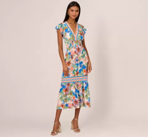 Adrianna Papell Bright Floral Print Midi Dress With Flutter Sleeves In Blue-Green Multi BLUE-GREENMULTI Cheap