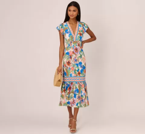 Adrianna Papell Bright Floral Print Midi Dress With Flutter Sleeves In Blue-Green Multi BLUE-GREENMULTI Cheap
