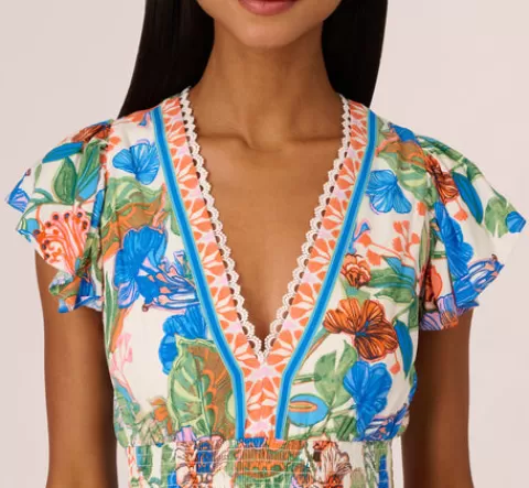 Adrianna Papell Bright Floral Print Midi Dress With Flutter Sleeves In Blue-Green Multi BLUE-GREENMULTI Cheap