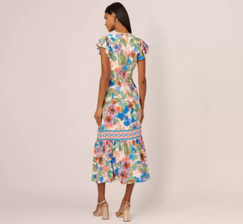 Adrianna Papell Bright Floral Print Midi Dress With Flutter Sleeves In Blue-Green Multi BLUE-GREENMULTI Cheap