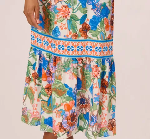 Adrianna Papell Bright Floral Print Midi Dress With Flutter Sleeves In Blue-Green Multi BLUE-GREENMULTI Cheap