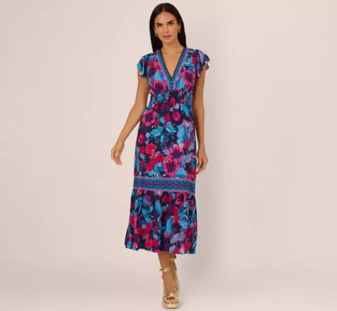 Adrianna Papell Bright Floral Print Midi Dress With Flutter Sleeves In Navy Pink Multi NAVY-PINKMULTI Sale