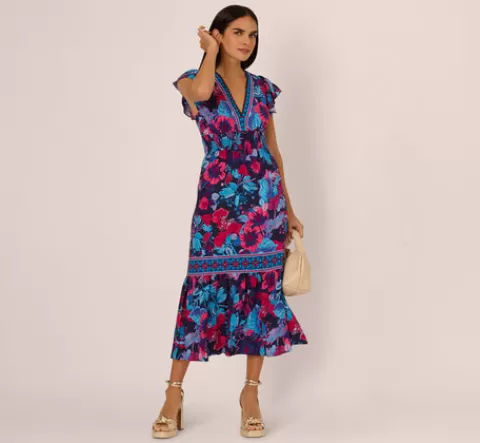 Adrianna Papell Bright Floral Print Midi Dress With Flutter Sleeves In Navy Pink Multi NAVY-PINKMULTI Sale