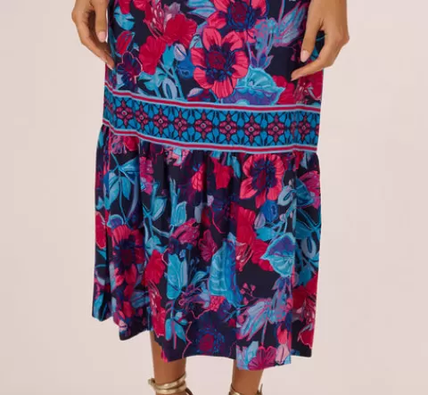 Adrianna Papell Bright Floral Print Midi Dress With Flutter Sleeves In Navy Pink Multi NAVY-PINKMULTI Sale