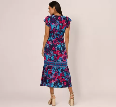 Adrianna Papell Bright Floral Print Midi Dress With Flutter Sleeves In Navy Pink Multi NAVY-PINKMULTI Sale