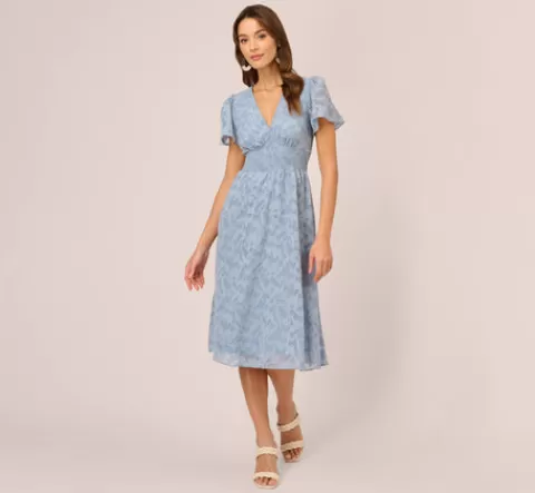 Adrianna Papell Burnout Smocked Midi Dress With Short Sleeves In Dusty Blue DUSTYBLUE Outlet