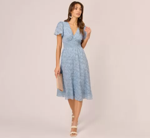Adrianna Papell Burnout Smocked Midi Dress With Short Sleeves In Dusty Blue DUSTYBLUE Outlet