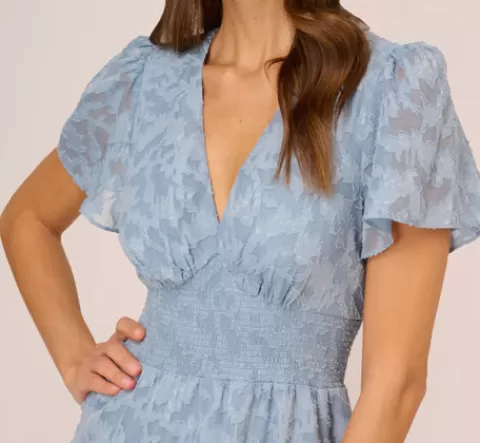 Adrianna Papell Burnout Smocked Midi Dress With Short Sleeves In Dusty Blue DUSTYBLUE Outlet
