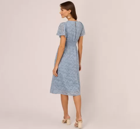 Adrianna Papell Burnout Smocked Midi Dress With Short Sleeves In Dusty Blue DUSTYBLUE Outlet