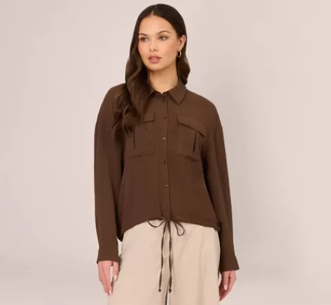 Adrianna Papell Button Up Utility Shirt With Self Tie Drawstring In Coastal Coffee COASTALCOFFEE Cheap