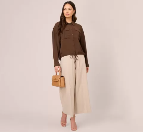 Adrianna Papell Button Up Utility Shirt With Self Tie Drawstring In Coastal Coffee COASTALCOFFEE Cheap