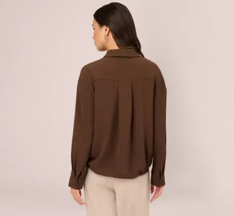 Adrianna Papell Button Up Utility Shirt With Self Tie Drawstring In Coastal Coffee COASTALCOFFEE Cheap