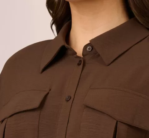 Adrianna Papell Button Up Utility Shirt With Self Tie Drawstring In Coastal Coffee COASTALCOFFEE Cheap