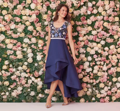 Adrianna Papell Cap Sleeve Beaded Gown With Taffeta High Low Skirt In Light Navy LIGHTNAVY Fashion
