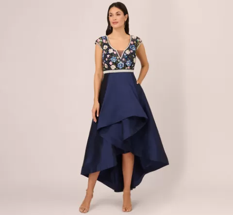 Adrianna Papell Cap Sleeve Beaded Gown With Taffeta High Low Skirt In Light Navy LIGHTNAVY Fashion