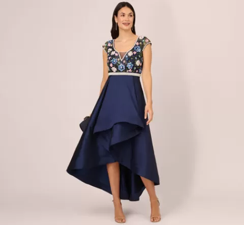 Adrianna Papell Cap Sleeve Beaded Gown With Taffeta High Low Skirt In Light Navy LIGHTNAVY Fashion