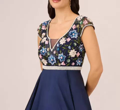 Adrianna Papell Cap Sleeve Beaded Gown With Taffeta High Low Skirt In Light Navy LIGHTNAVY Fashion